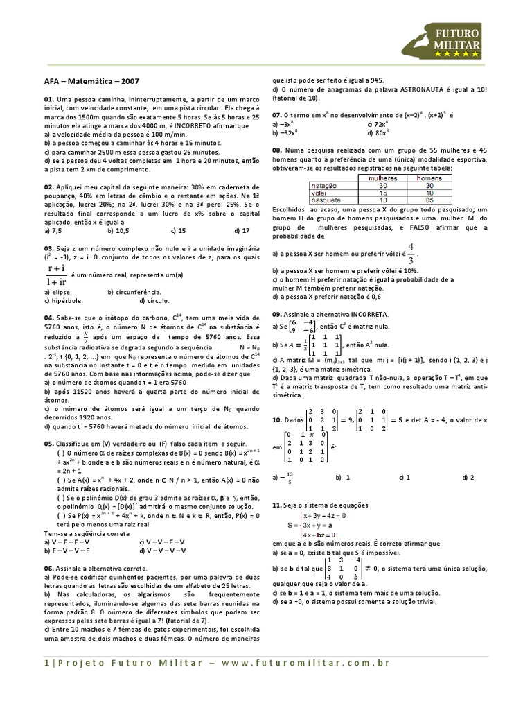 2007 AFA Matematica | Download grátis PDF | Função (Matemática) | Triângulo