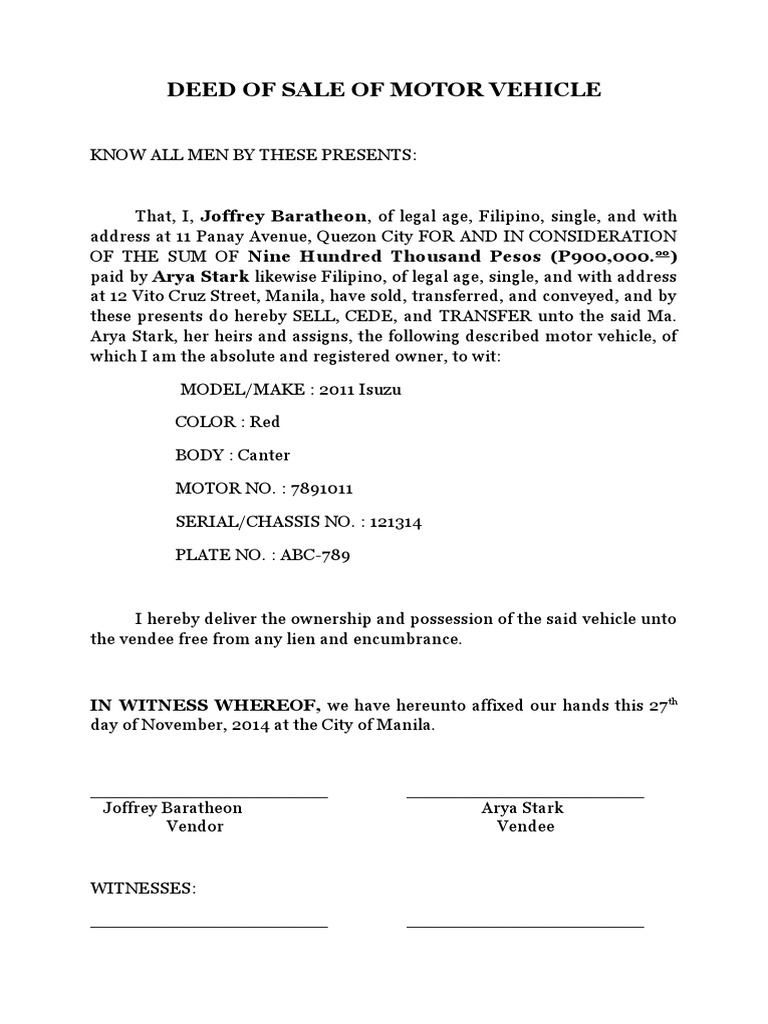 Deed Of Sale Of Motor Vehicle