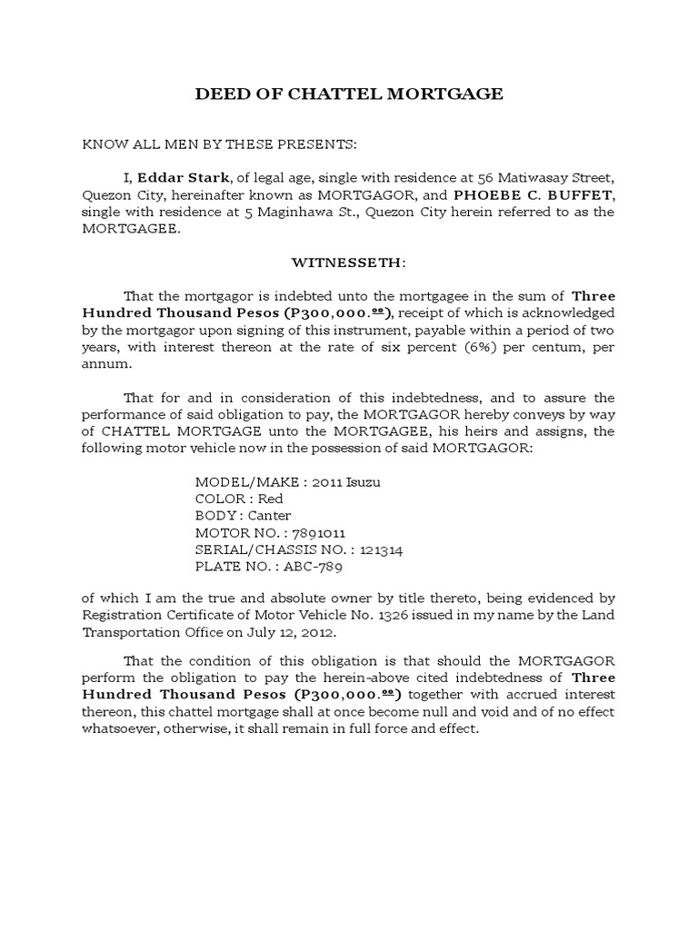 Chattel Mortgage Mortgage Law Contract Law