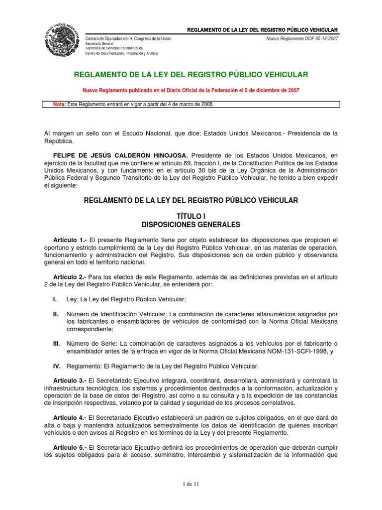 Reglamento Ley del Registro Público Vehicular Regulación