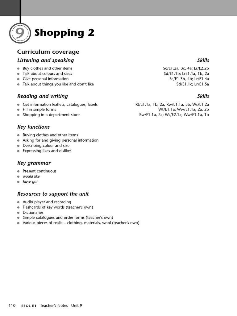 ESOL E1 Shopping Unit Overview | PDF | Vocabulary | Reading Comprehension