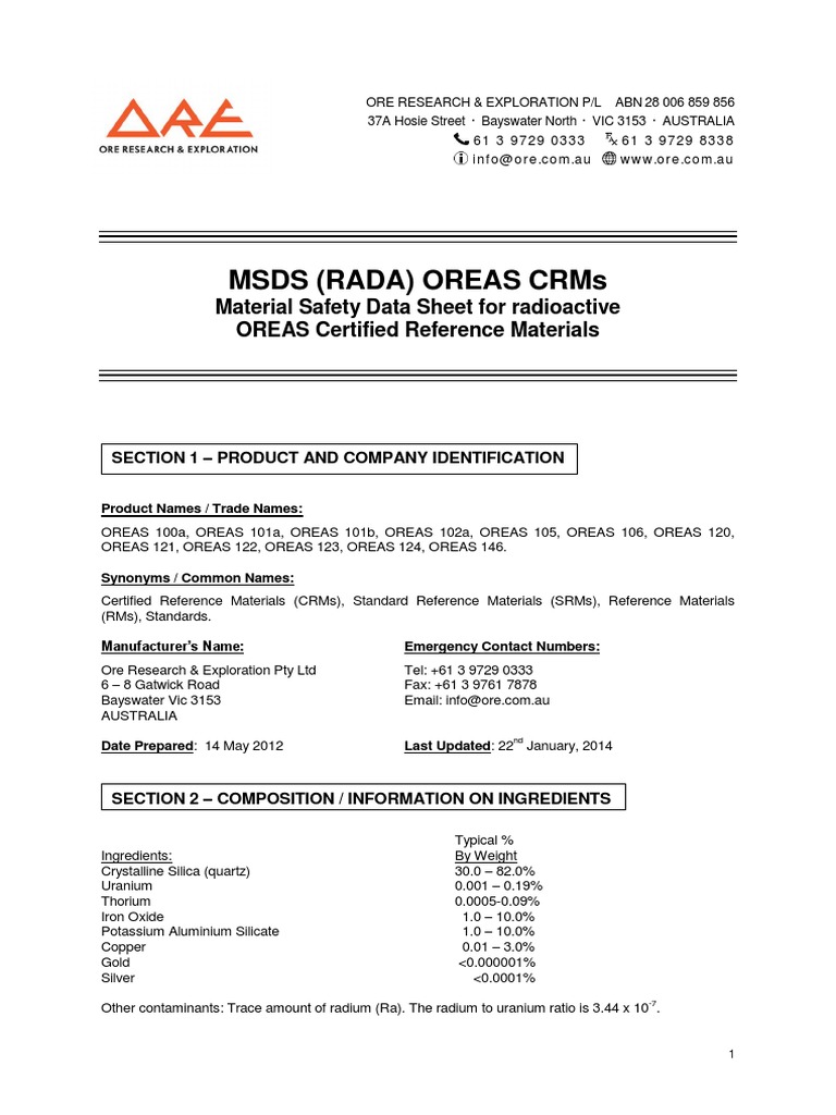 Msds Oreas (Rada) | PDF | Silicon Dioxide | Radiation Protection