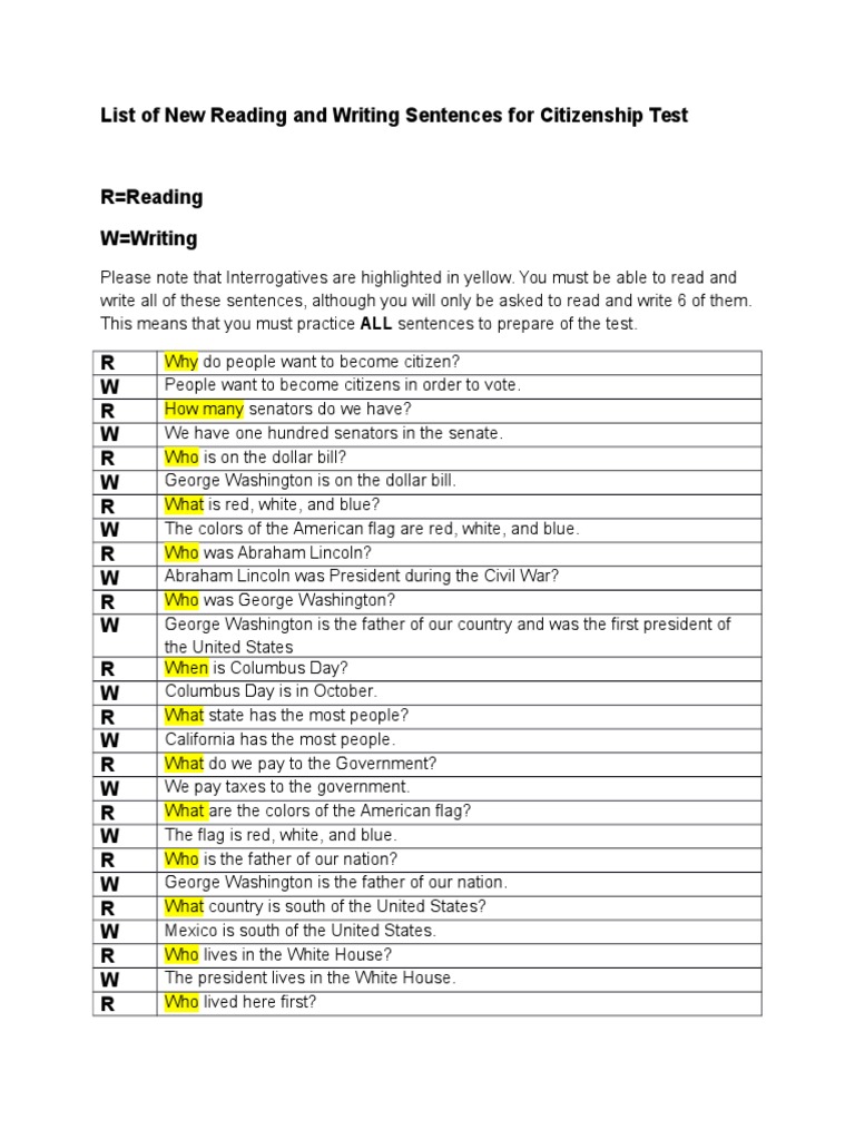 List of New Reading and Writing Sentences For Citizenship Test CLM 2015