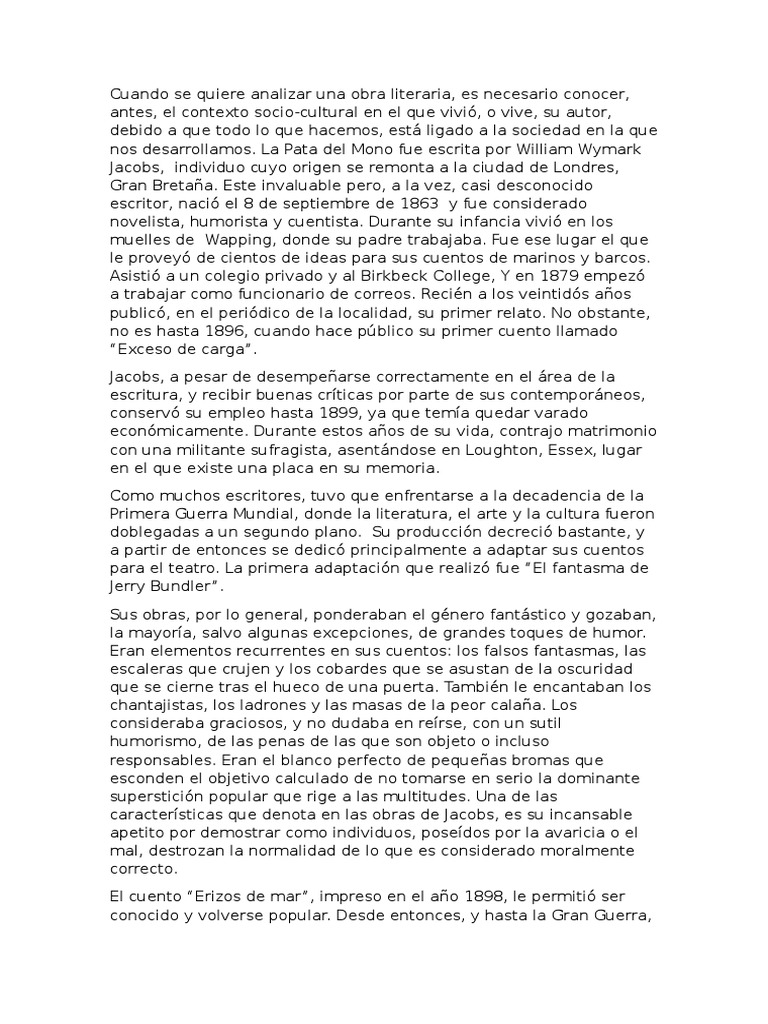 Análisis de La Pata de Mono Cuentos Realismo literario