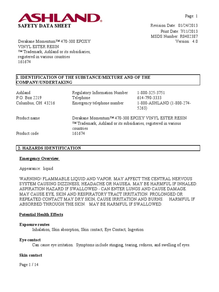 Derakane Momentum 470 300 Epoxy Vinyl Ester Resin PDF Dangerous
