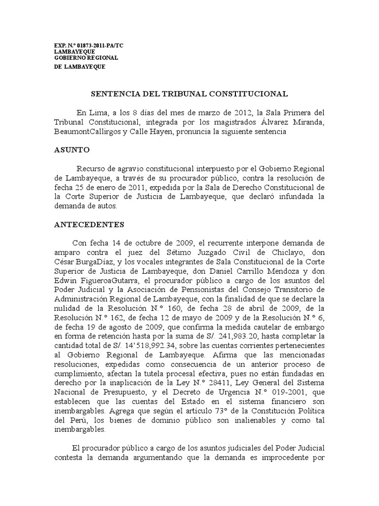 Sentencia del TC sobre embargo en Lambayeque | PDF | Ley procesal ...