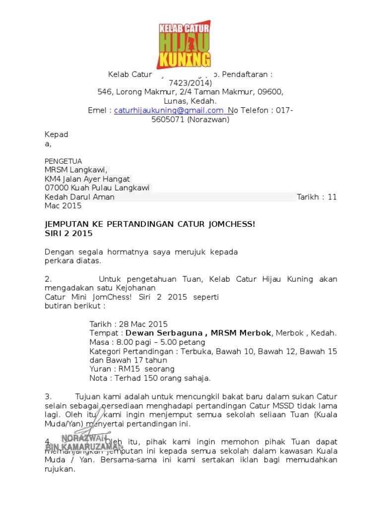Surat Jemputan Jom Chess Siri 2 Mrsm Merbok Pdf
