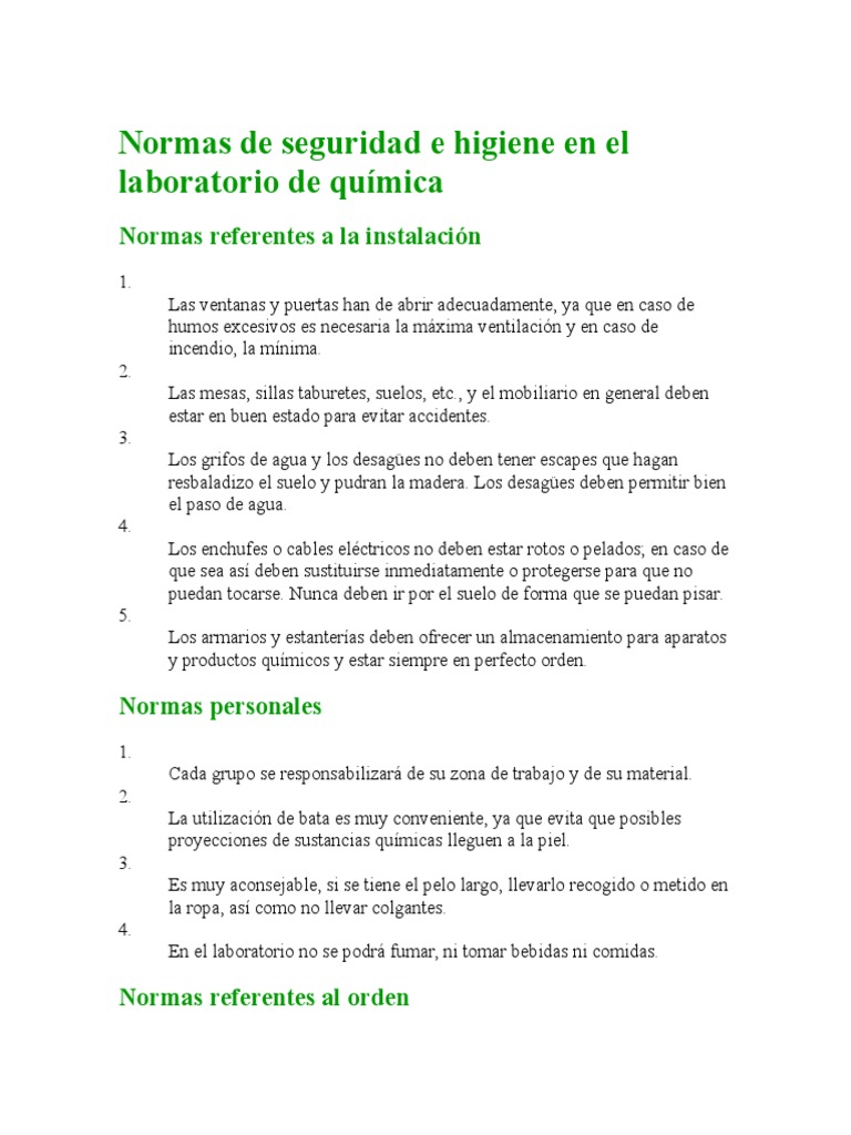 Normas de Seguridad e Higiene en El Laboratorio de Química | PDF ...