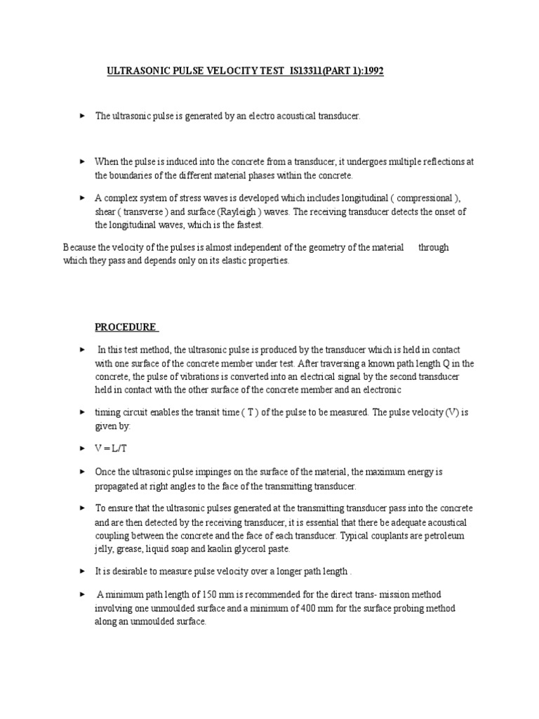 Ultrasonic Pulse Velocity Test Procedure | PDF | Science & Mathematics ...