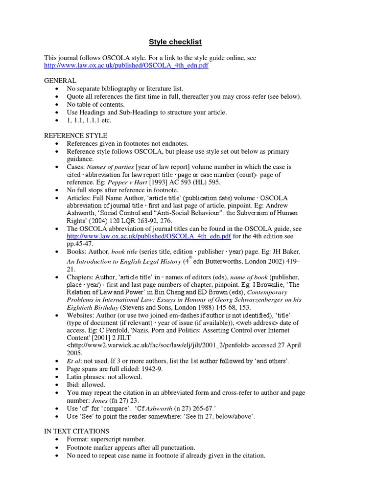 Oxford Style Checklist Note (Typography) Citation