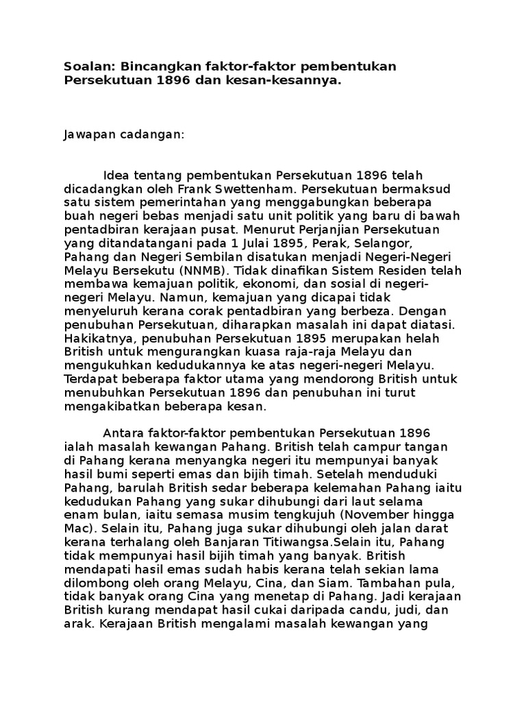 Faktor Faktor Pembentukan Persekutuan 1896 Dan Kesan Kesannya Pdf