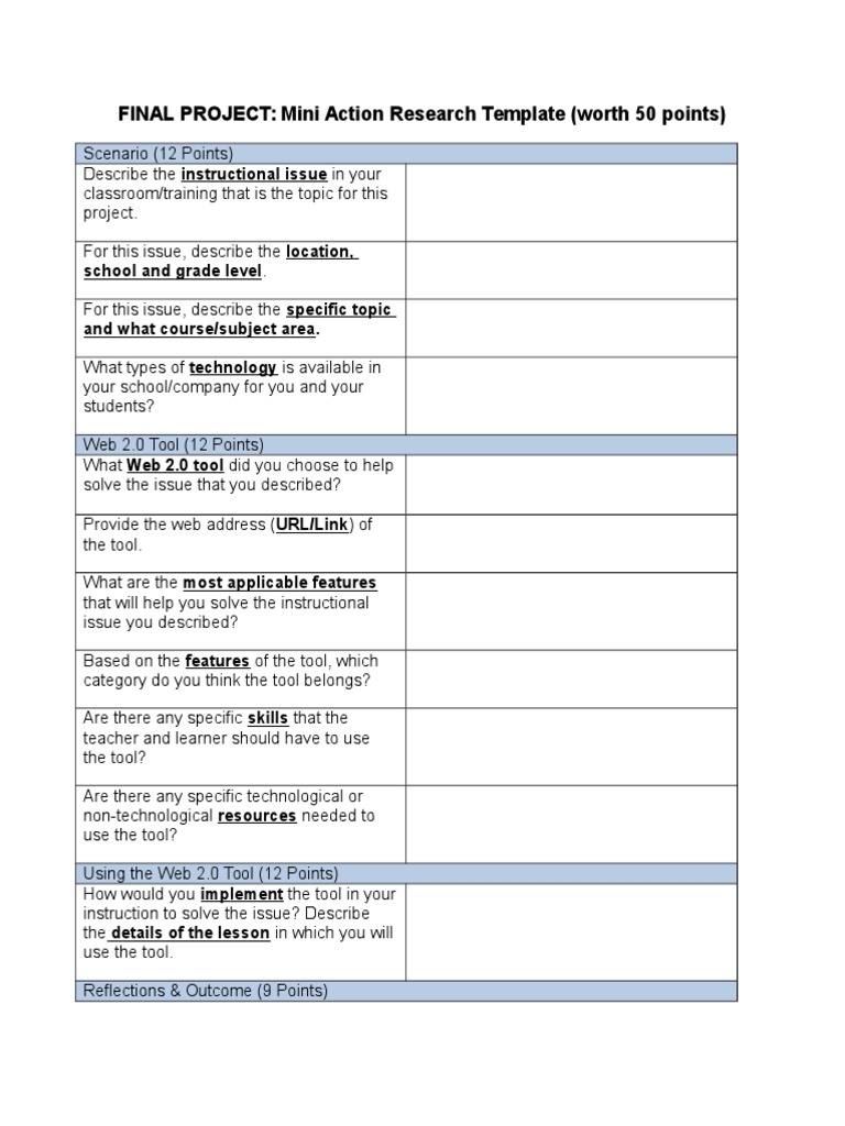 FINAL PROJECT: Mini Action Research Template (Worth 50 Points) | PDF