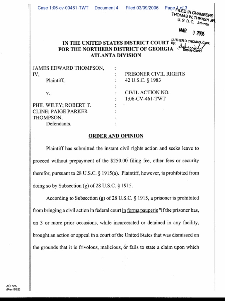 Thompson v. Wiley Et Al Document No. 4 PDF Prejudice (Legal Term
