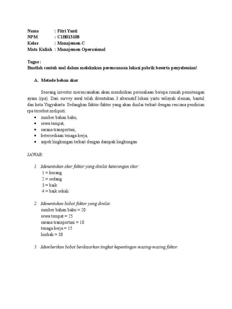 contoh soal manajemen operasional