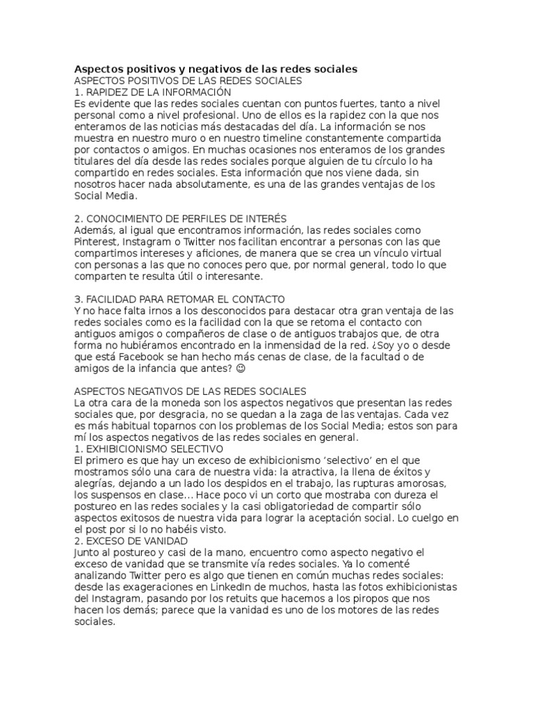 Aspectos positivos y negativos de las redes sociales.docx | Servicio de ...