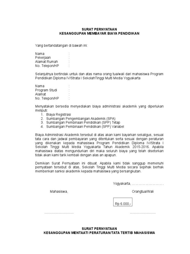 Contoh Surat Pernyataan Kesanggupan