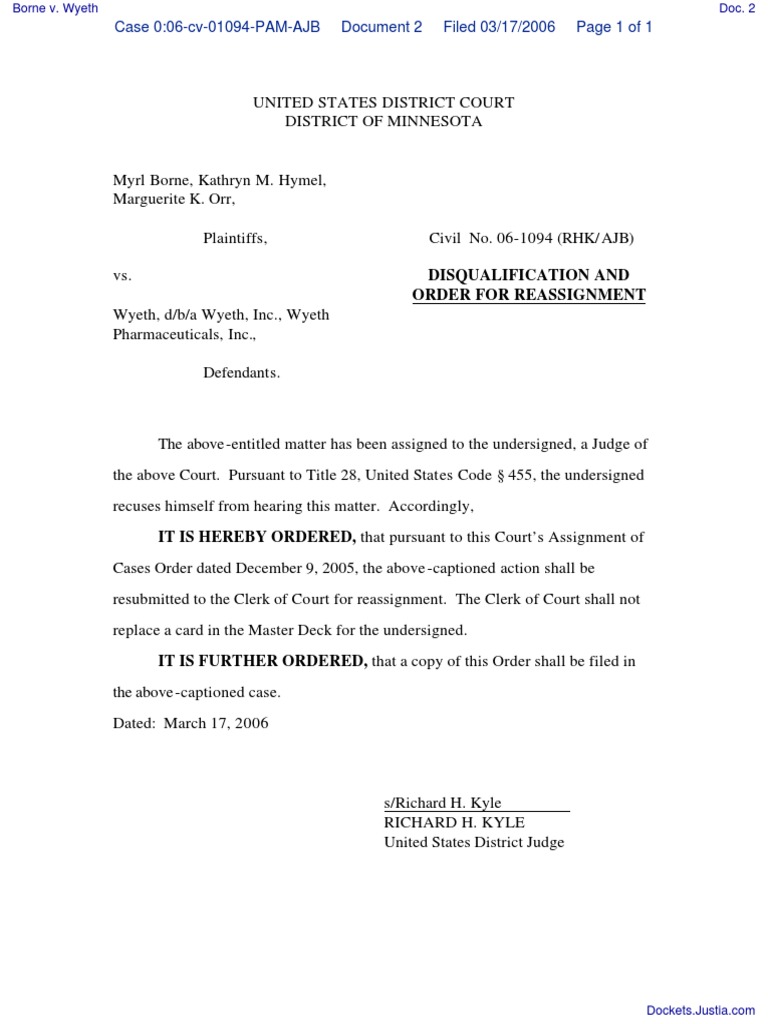 Judge Recusal in Borne v. Wyeth | PDF