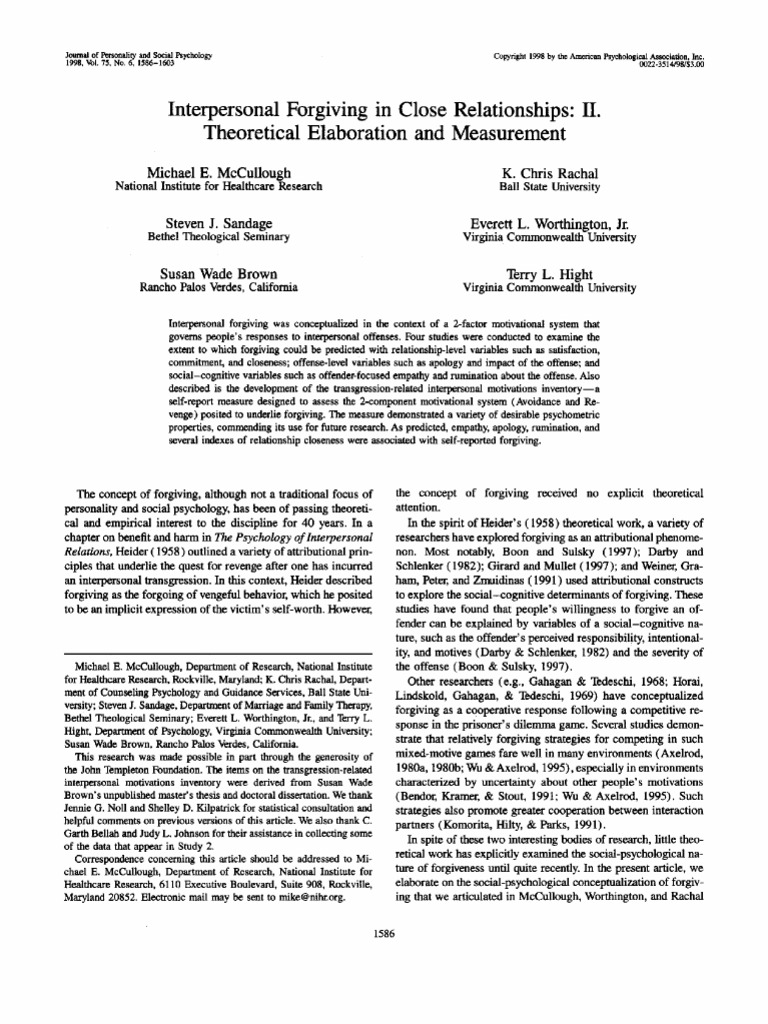 McCullough Et Al. (1998) Interpersonal in Close