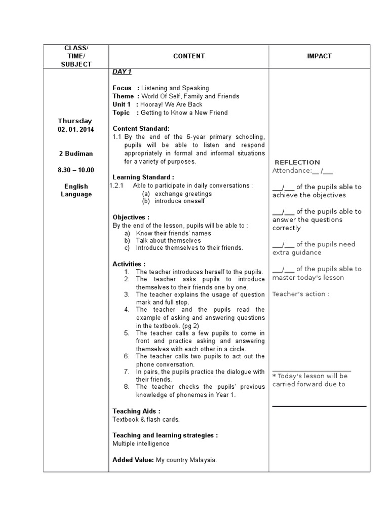 Grade 2 English Lesson Plans: Unit 1 | PDF | Lesson Plan | English Language