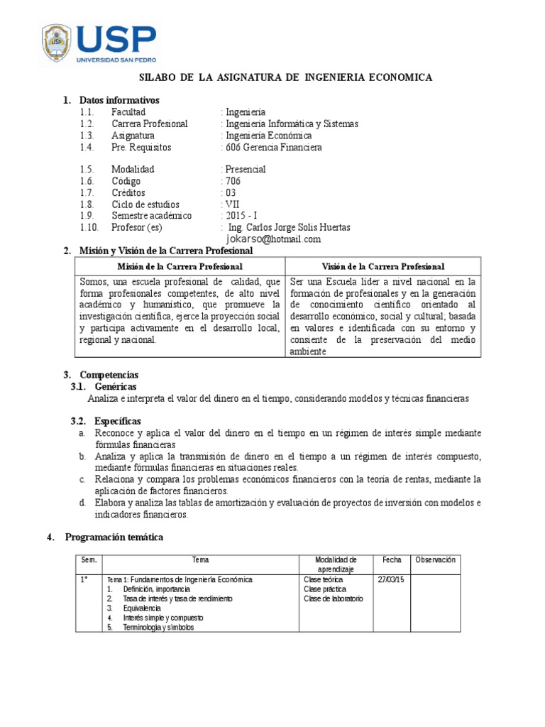 Silabo De Ingenieria Economica Interes Tasas De Interes