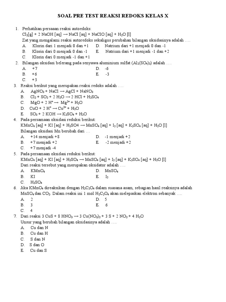 Contoh Soal Essay Reaksi Redoks Kelas 10 Terbaru 2019