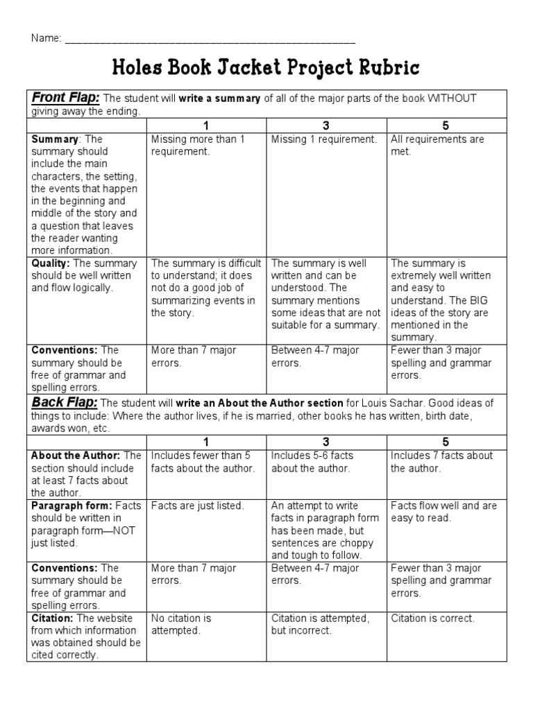Holes Book Jacket Rubric PDF Books Citation