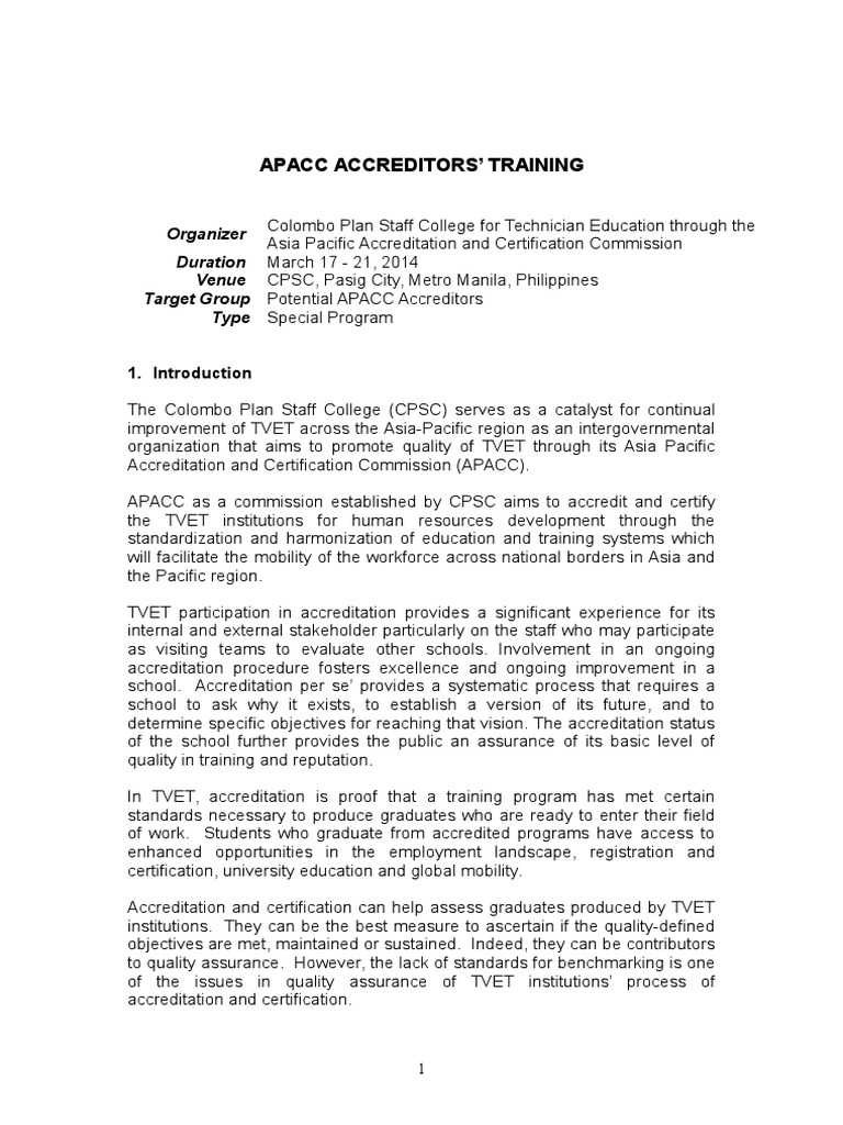 APACC Accreditors' Training Program | PDF | Vocational Education ...