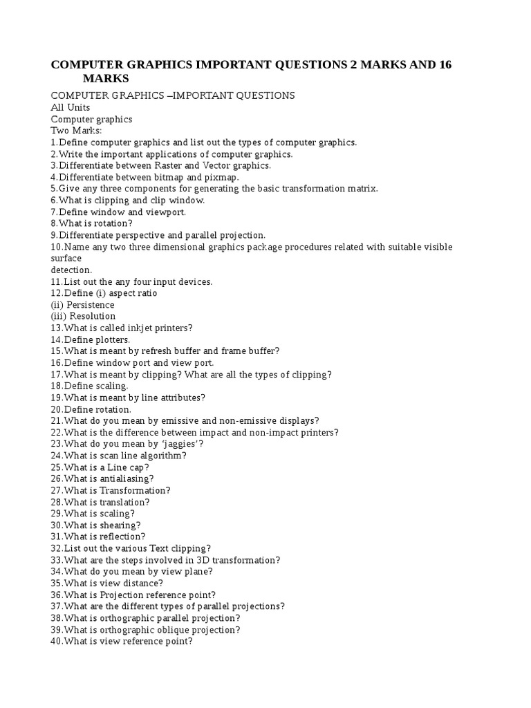 Cs2401 computer graphiccs Question Bank With Answers | Computer ...