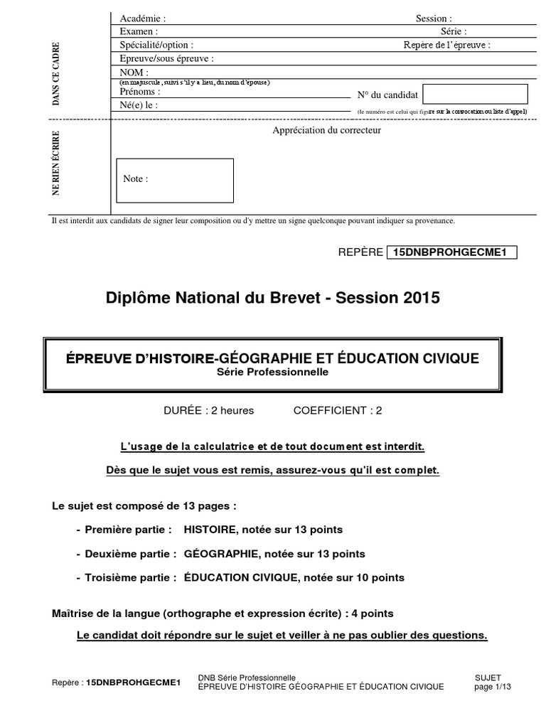 Sujet Brevet Histoire 2020 Corrigé Brevet 2015 - Histoire-Géo (Pro) | PDF