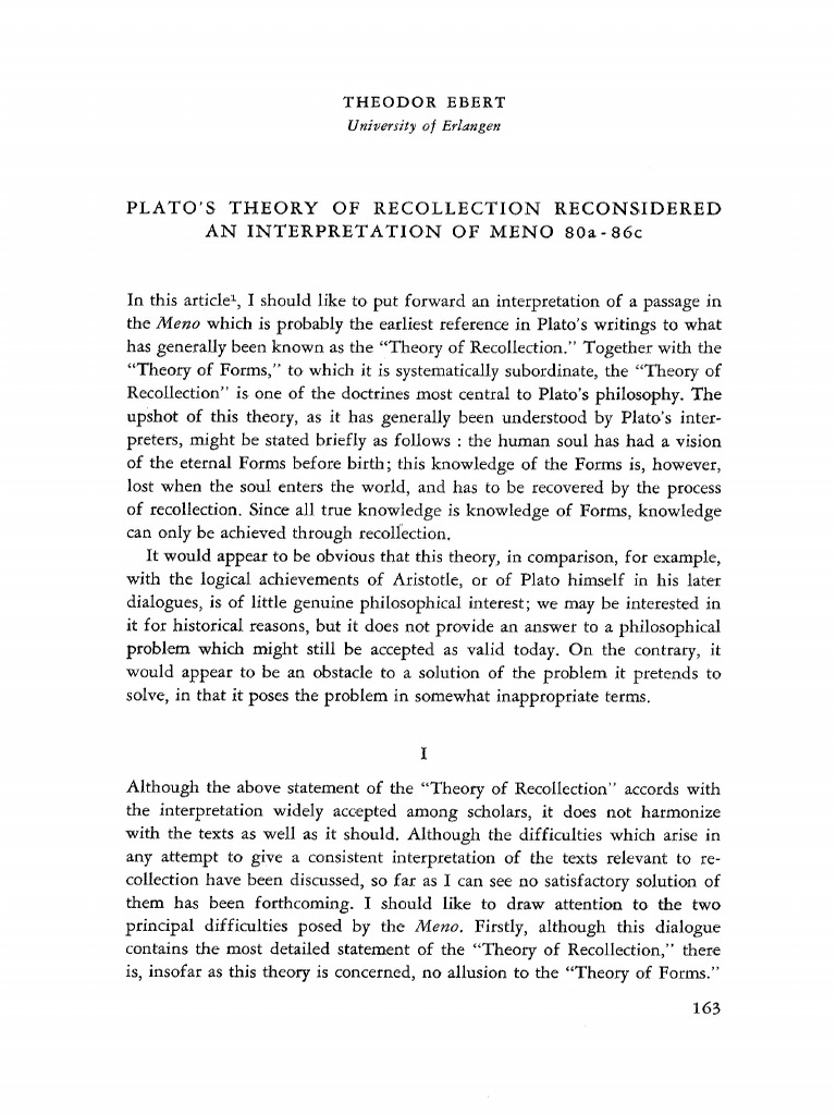 Ebert, Plato's Theory of Recollection. Meno 80a-86c | PDF | Plato ...