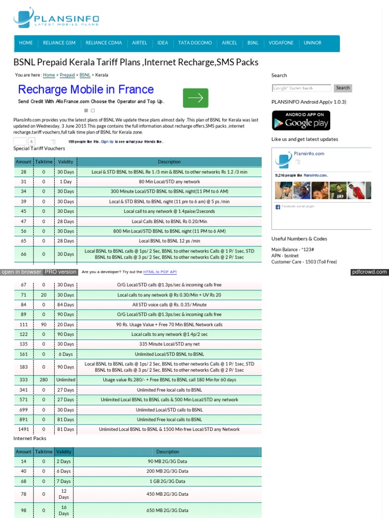 Www Plansinfo Com Bsnl Prepaid Kerala Plans HTML Mobile Technology