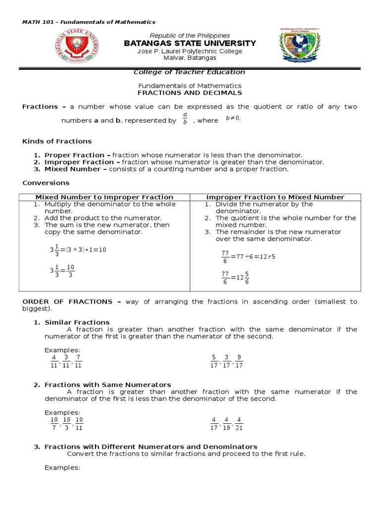 Fractions and Decimals in Math 101 | PDF | Fraction (Mathematics) | Algebra