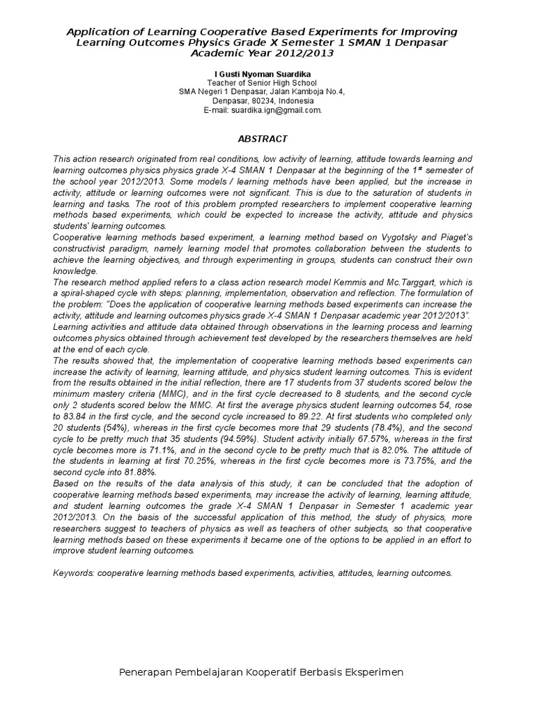 Application of Learning Cooperative Based Experiments For Improving ...