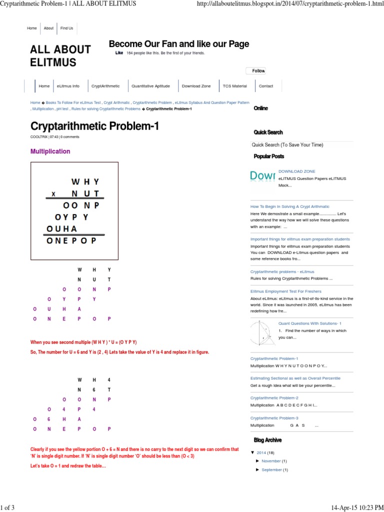 Cryptarithmetic Problem-1 - ALL ABOUT ELITMUS | PDF | Test (Assessment ...