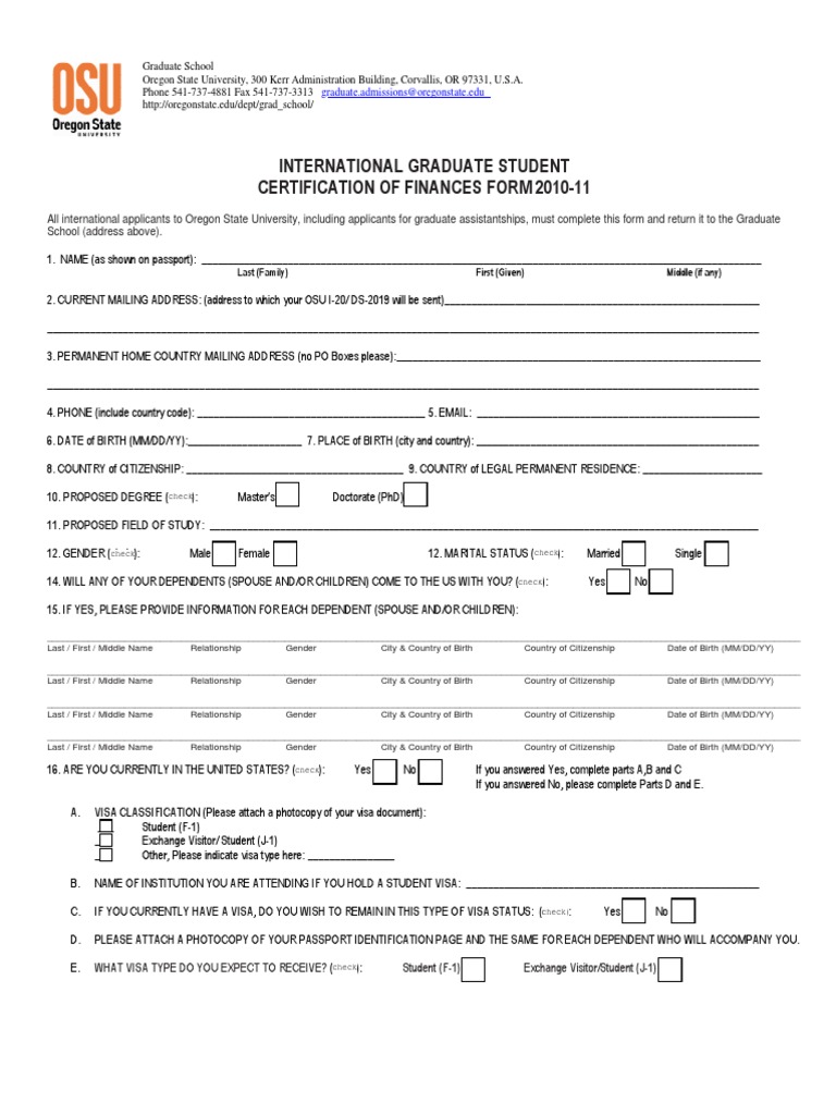 OSU International Graduate Finance Form | PDF | Graduate School ...