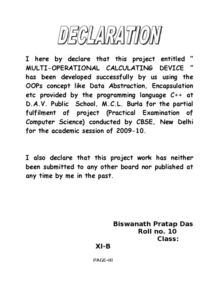 Declaration (Documentation For Project) | PDF | Computer Science ...