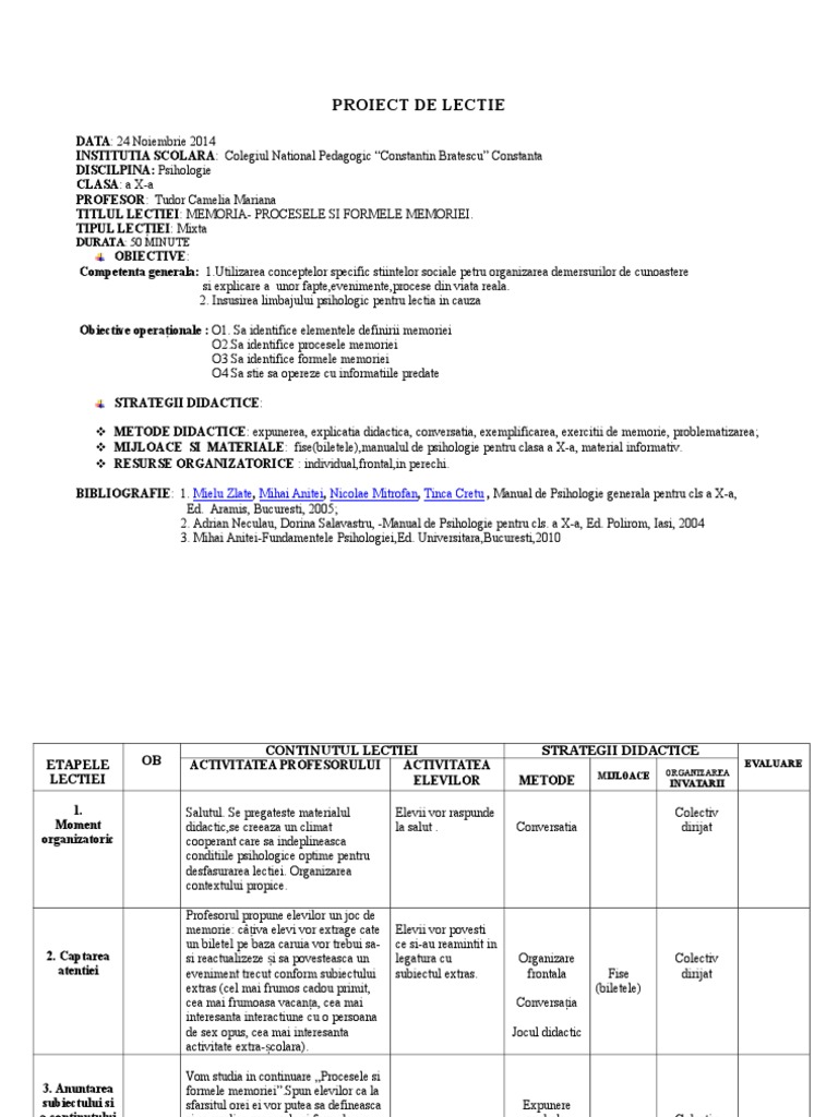 Proiect De Lectie Procesele Si Formele Memoriei