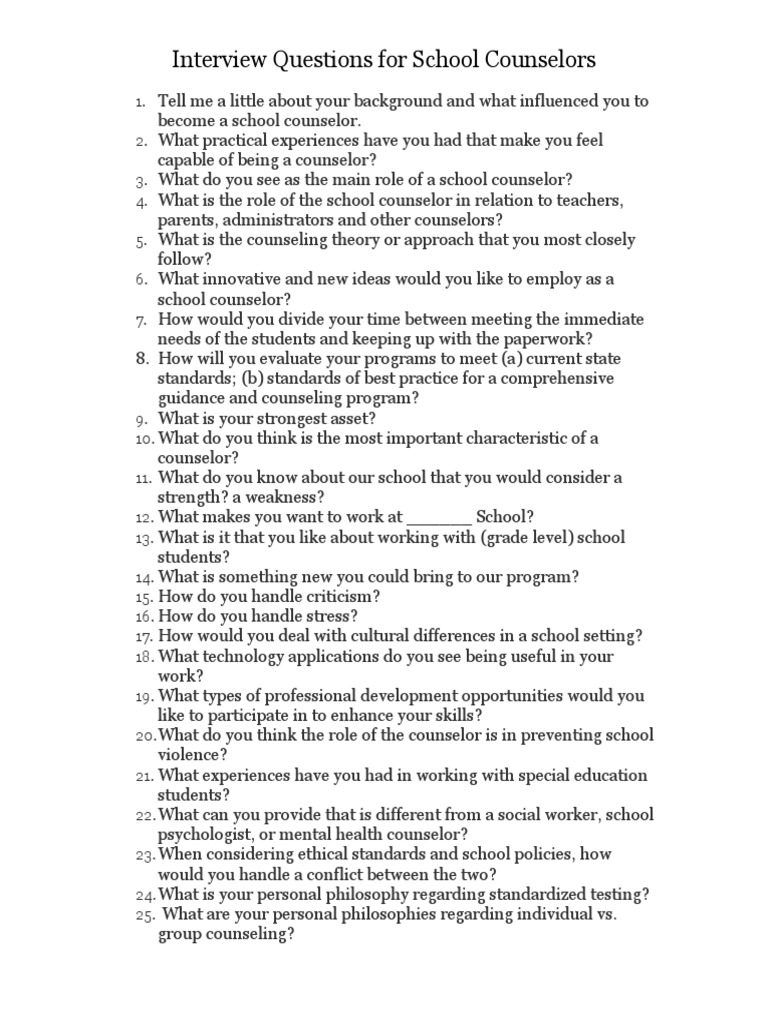 Essential Interview Questions for Counselors | PDF | School Counselor ...