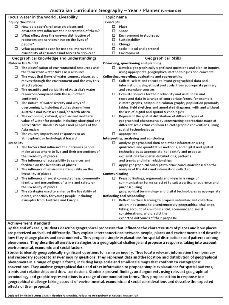 australian curriculum geography planner year 7 with detail geography