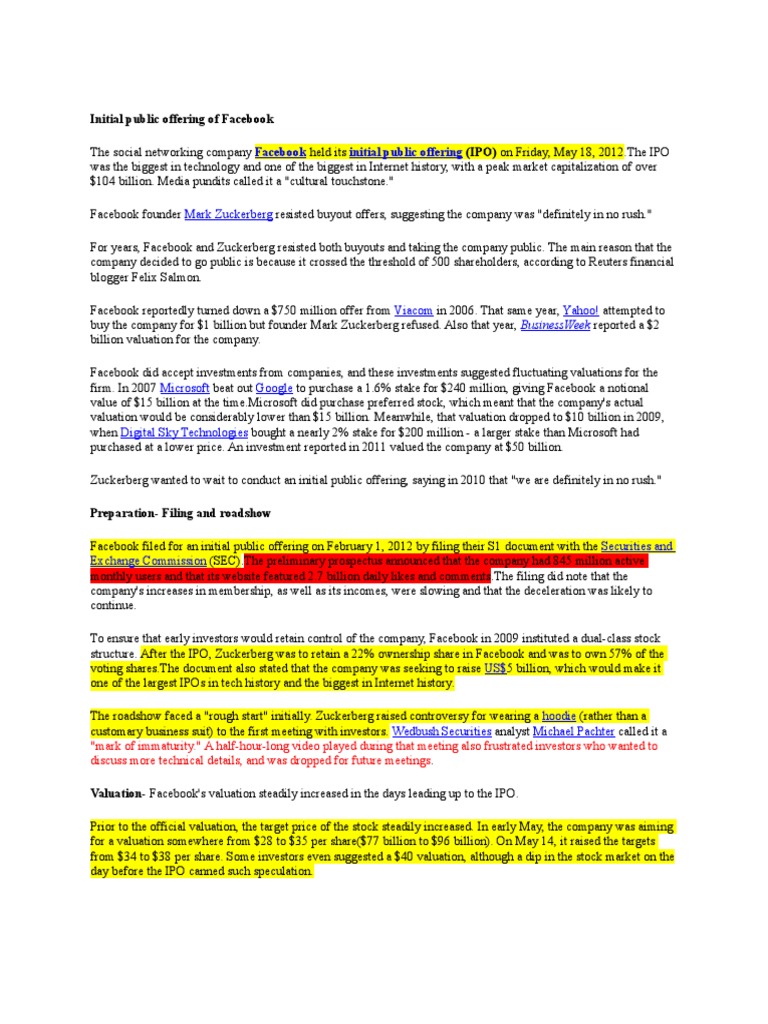 Initial Public Offering Of Facebook Initial Public Offering Securities Finance