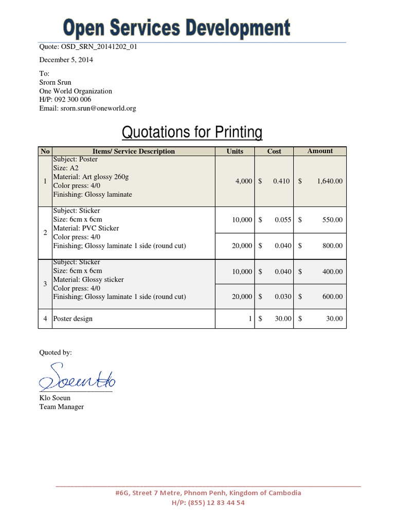 Printing Quotation for One World Org | PDF | Home & Garden