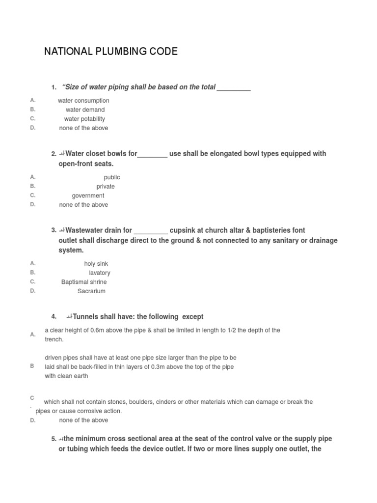 National Plumbing Code Quiz PDF Plumbing Hydraulic Engineering