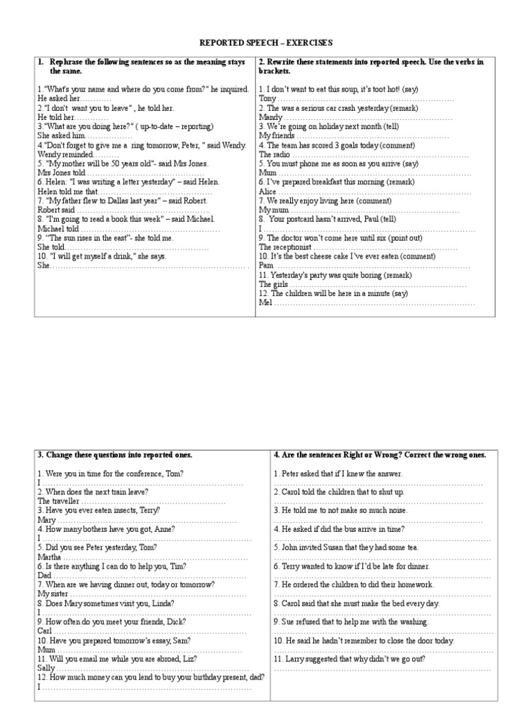 reported speech exercises pdf class 9