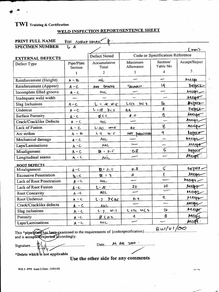 Weld Inspection Report Sample