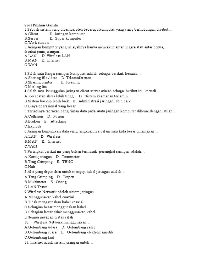 Soal Pilihan Ganda Dan Jawaban Tentang Fiber Optik Mathlaul Khairiyah