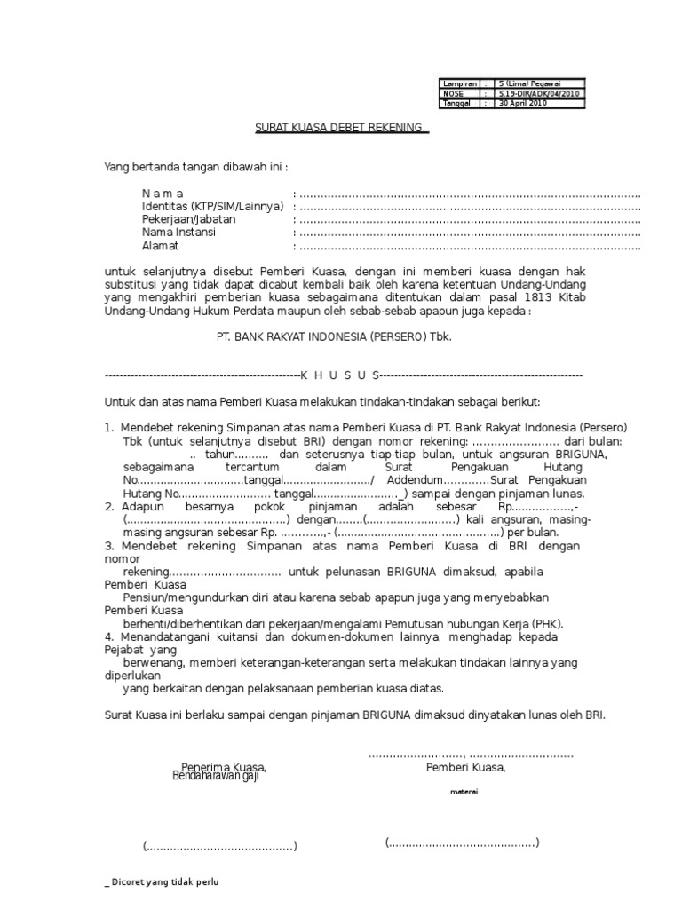Surat Kuasa Debet Rekening