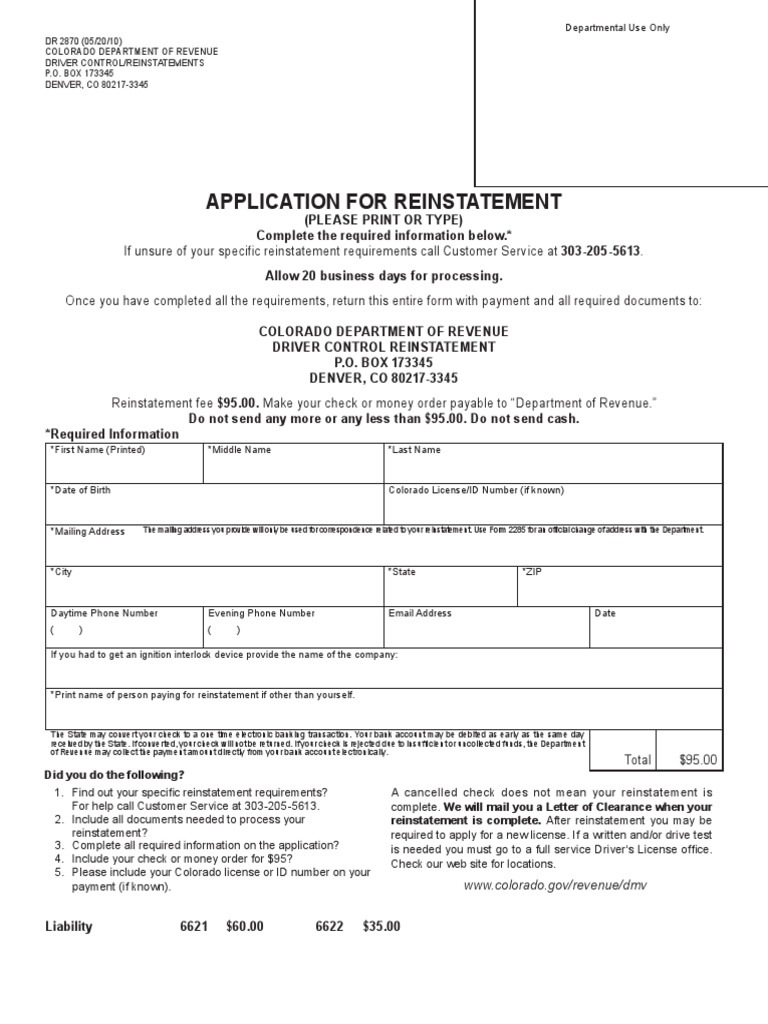 Colorado DR 2870 Reinstatement Form | PDF | Business | Law