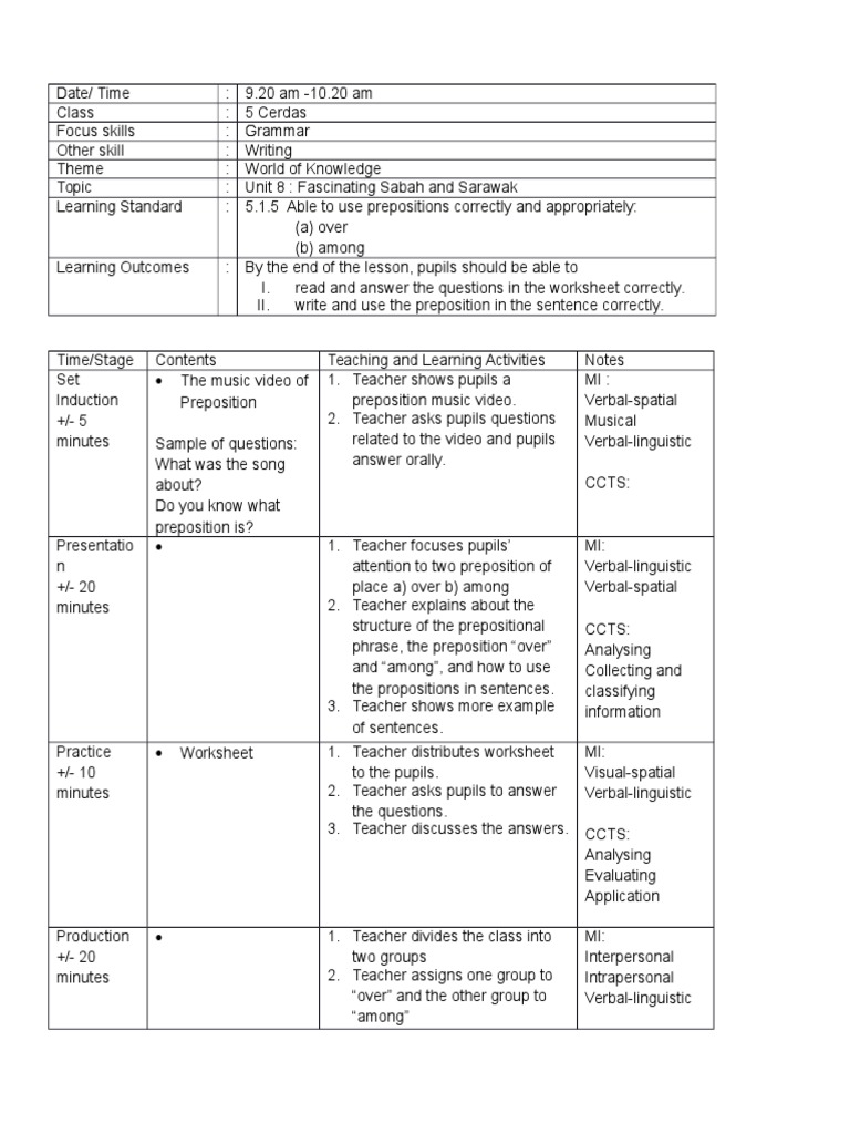KSSR Lesson Plan Year 5 - Grammar | PDF