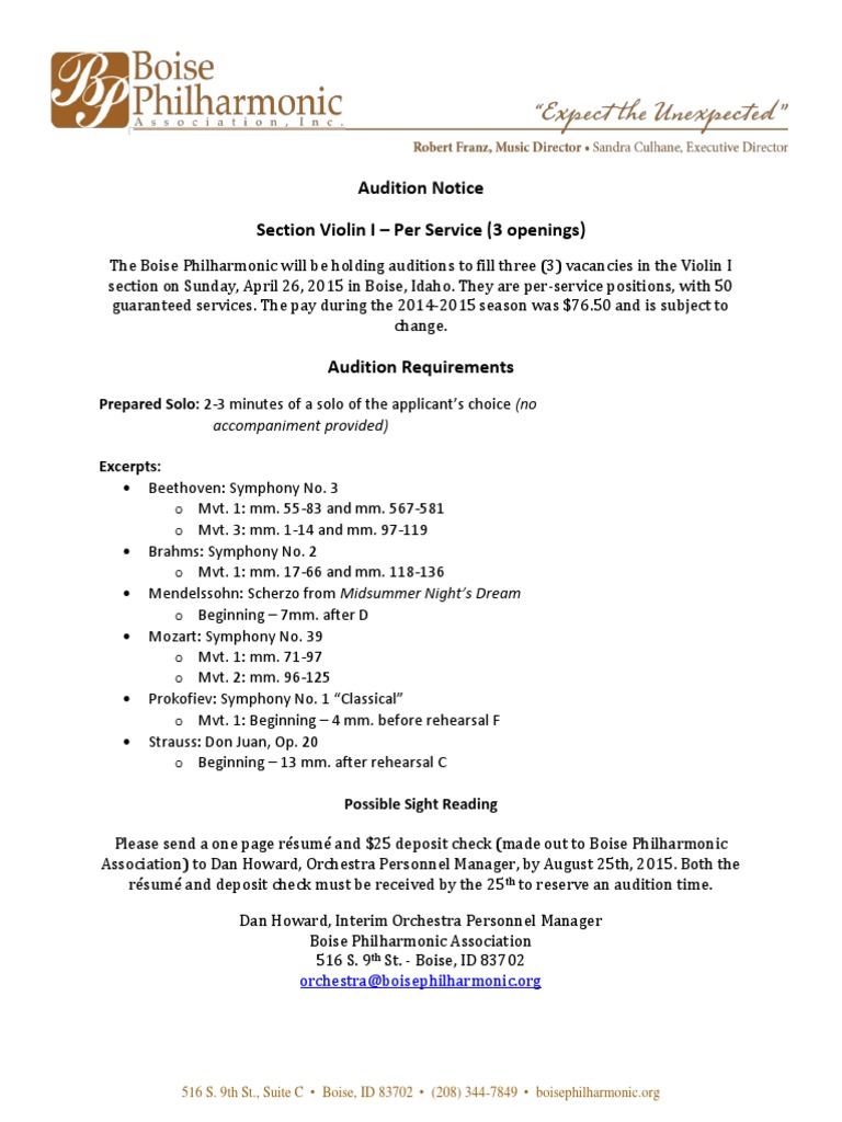 Audition Notice Section Violin I - Per Service (3 Openings) | PDF ...