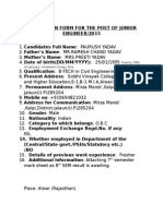 Application Form For The Post of Junior ENGINEER/2015: Twenty Fifth of January Nineteen Ninety Five